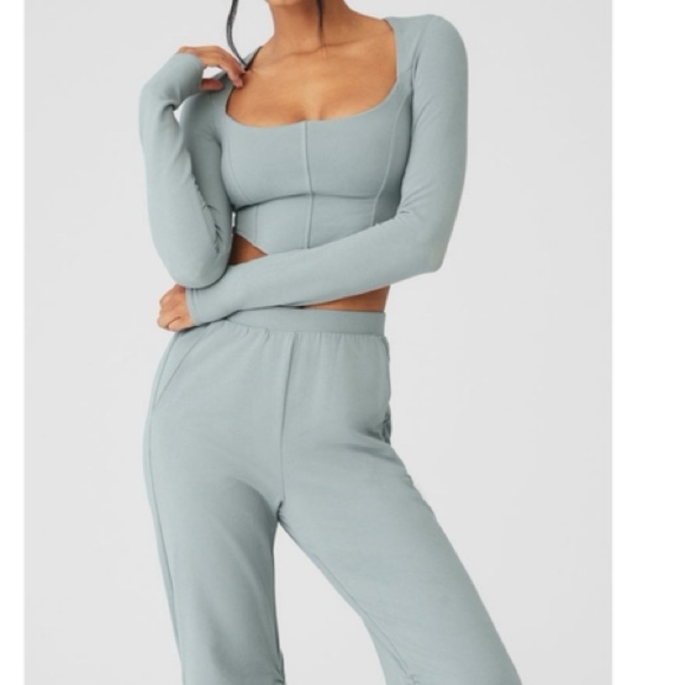 Alo Yoga Soft Sculpt Long Sleeve Corset Crop Top Cosmic Grey Size S NWOT